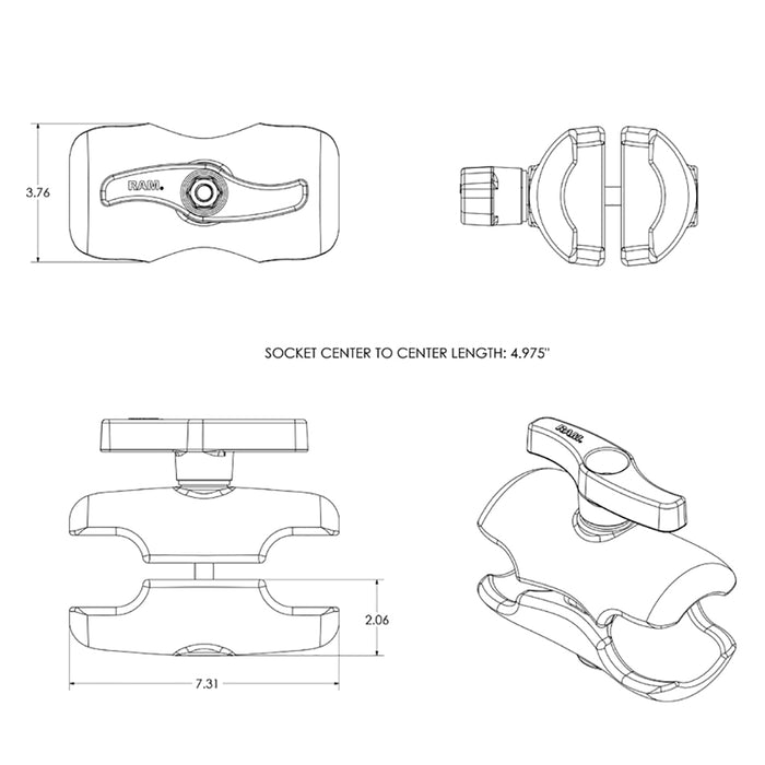 RAM Mount Double Socket Short Arm f/3-3/8