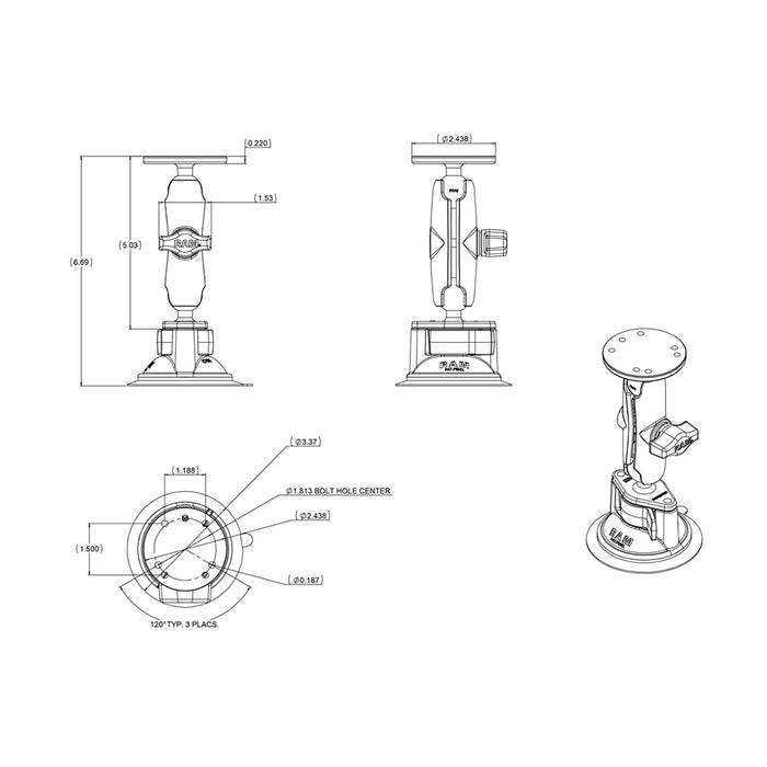 RAM Mount Twist Lock Suction Cup w/Round Base Adapter [RAM-B-166-202U]