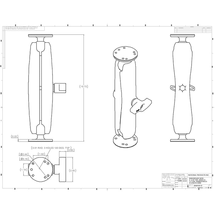 RAM Mount Ball Mount w/Long Double Socket Arm & 2-2.5