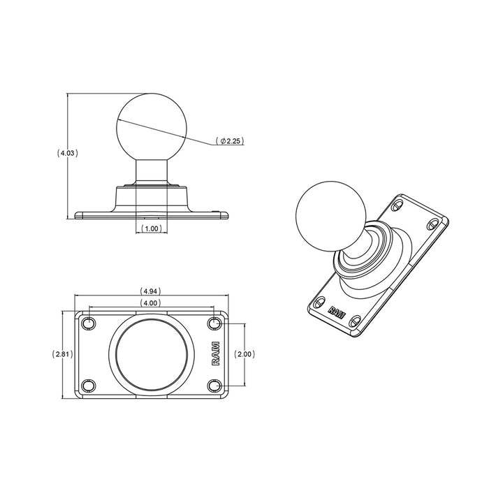 RAM Mount 50mm x 100mm Half VESA Plate Adapter w/D Size 2.25