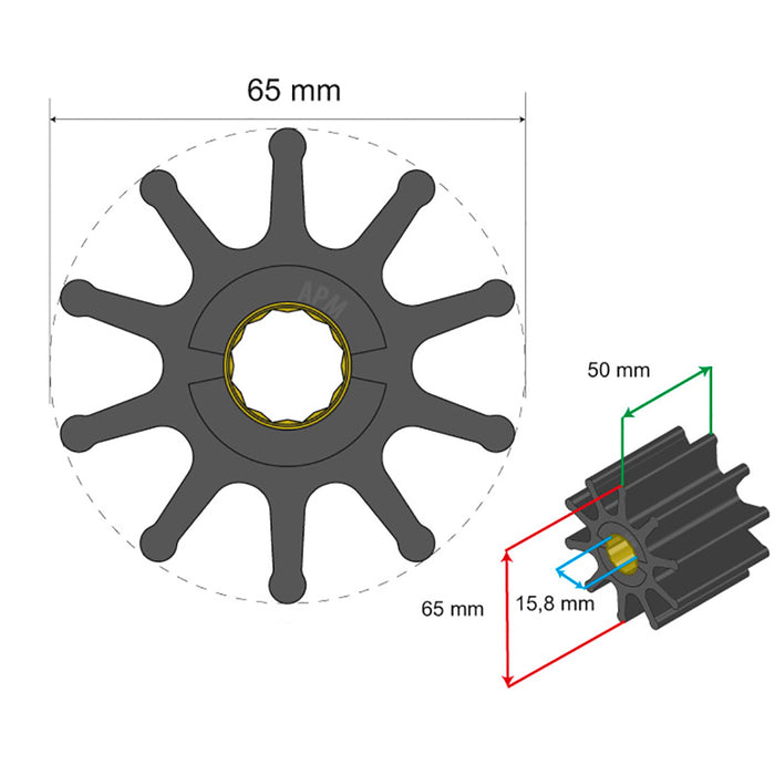 Albin Group Premium Impeller 65 x 15.8 x 50mm - 10 Blade - Spline Insert [06-02-023]